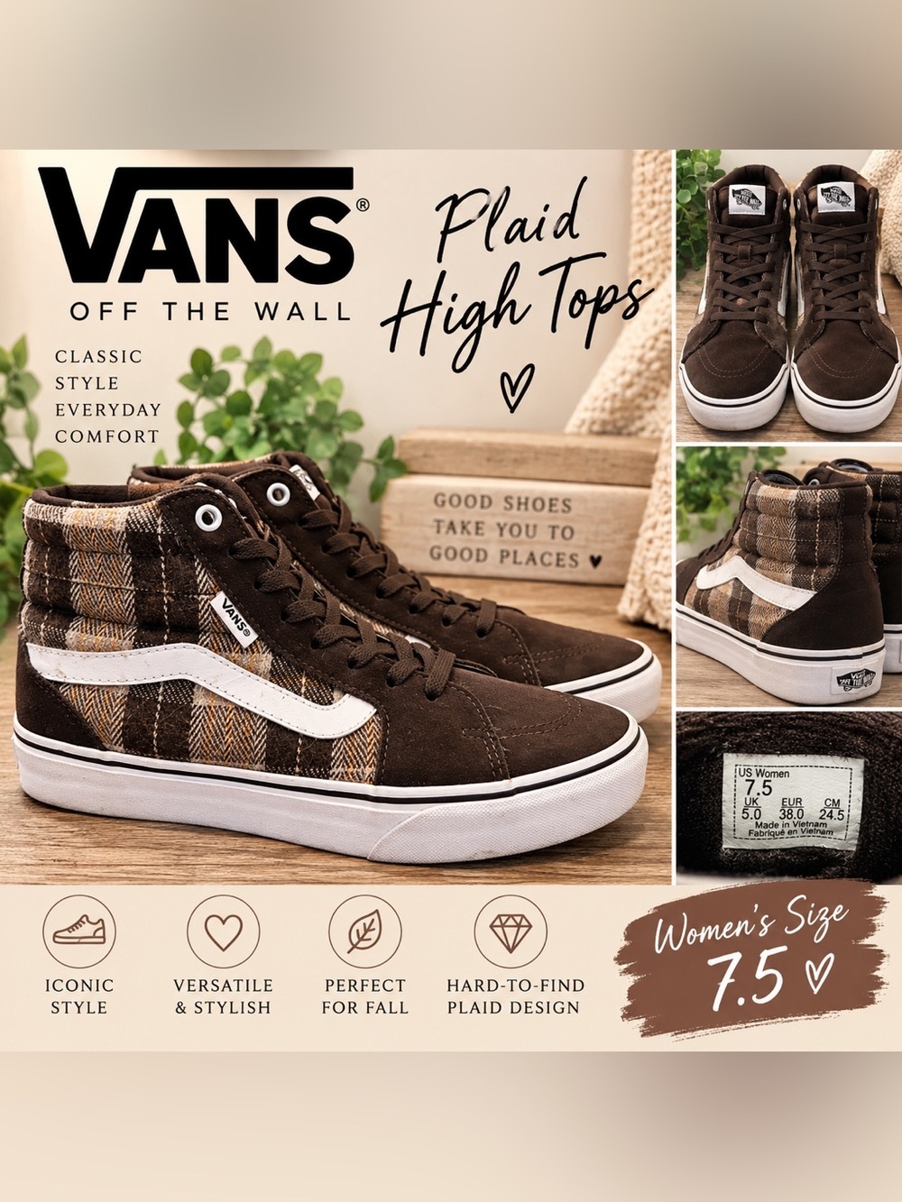 Vans Filmore Hi Platform Plaid Houndstooth Brown Sneakers Women’s 7.5